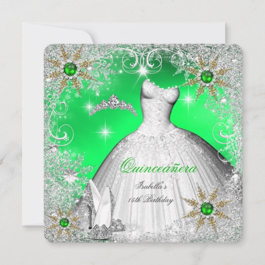 Invitation Quinceanera Lime Pearl Silver Winter Snowflakes (Devant)