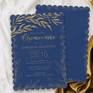 Invitation Quinceañera Luxe Bleu Royal et Feuilles Dorées
