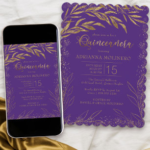 Invitation Quinceanera Luxe Fleurs Violettes et Dorées Annive