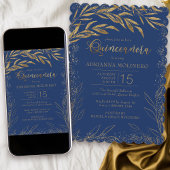 Invitation Quinceanera Luxe Royal Blue et Feuilles d'or