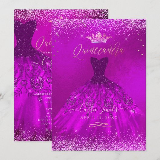 Invitation Quinceanera Magenta Gold Confetti+Princesse (Devant / Derrière)