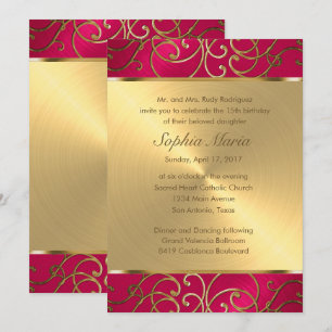Invitation Quinceanera Magenta Rose Et Tourbillons De Filigra
