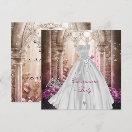 Invitation Quinceanera magique 15e soirée princesse rose (Devant / Derrière)