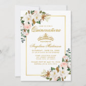 Invitation Quinceanera Magnolia Rose Floral Or Vert (Devant)