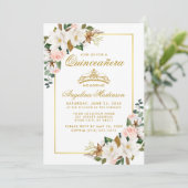 Invitation Quinceanera Magnolia Rose Floral Or Vert (Debout devant)