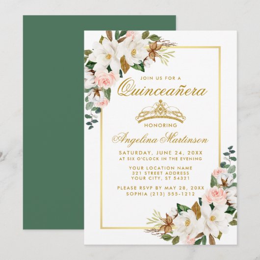Invitation Quinceanera Magnolia Rose Floral Or Vert (Devant / Derrière)