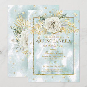 Invitation Quinceanera Marbre Menthe Sarcelle Or Rose Floral