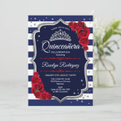 Invitation Quinceanera - Marine Argent Rouge (Debout devant)