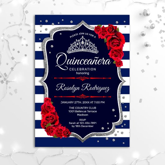 Invitation Quinceanera - Marine Argent Rouge