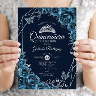 Invitation Quinceanera Marine Bleu Argent Floral