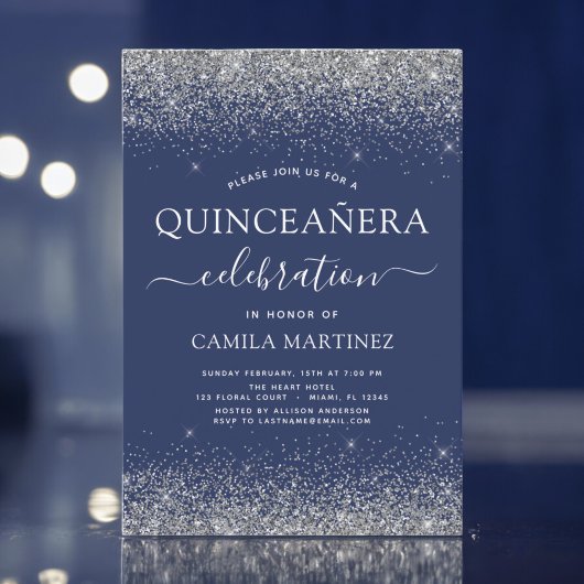 Invitation Quinceanera Marine Bleu Argent Parties scintillant