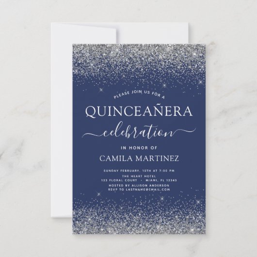 Invitation Quinceanera Marine Bleu Argent Parties scintillant (Devant)