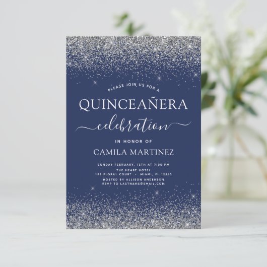 Invitation Quinceanera Marine Bleu Argent Parties scintillant (Debout devant)