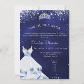 Invitation Quinceanera marine bleu argent robe tiara luxe (Devant)