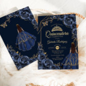 Invitation Quinceanera Marine Bleu Papillon Or Robe Florale