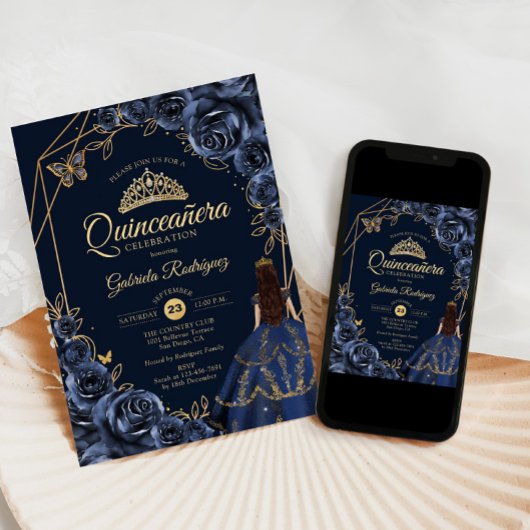 Invitation Quinceanera Marine Bleu Papillon Or Robe Florale