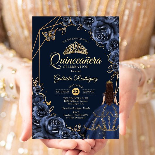 Invitation Quinceanera Marine Bleu Papillon Or Robe Florale