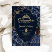 Invitation Quinceanera Marine Bleu Papillon Or Robe Florale