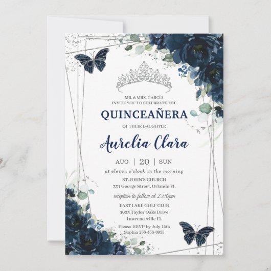 Invitation Quinceañera Marine Blue Floral Papillons Argent (Devant)