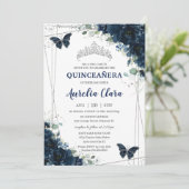 Invitation Quinceañera Marine Blue Floral Papillons Argent (Debout devant)