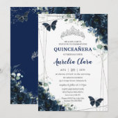 Invitation Quinceañera Marine Blue Floral Papillons Argent (Devant / Derrière)