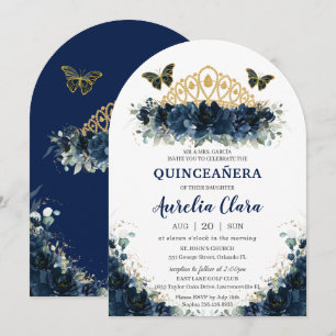 Invitation Quinceañera Marine Blue Floral Papillons Couronne