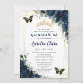 Invitation Quinceañera Marine Blue Floral Papillons Couronne (Devant)