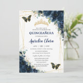 Invitation Quinceañera Marine Blue Floral Papillons Couronne (Debout devant)