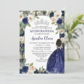 Invitation Quinceañera Marine Blue Floral Princesse Anniversa (Debout devant)