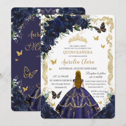 Invitation Quinceañera Marine Fleurs Bleues Blonde Princesse (Devant / Derrière)