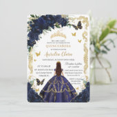 Invitation Quinceañera Marine Fleurs Bleues Or Princesse (Debout devant)