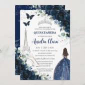 Invitation Quinceañera Marine Floral Paris Eiffel Princesse G (Devant / Derrière)