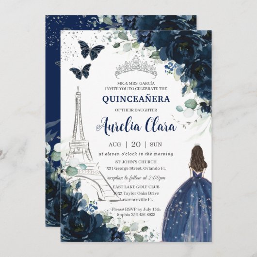 Invitation Quinceañera Marine Floral Paris Eiffel Princesse G (Devant / Derrière)
