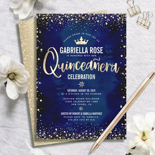 Invitation Quinceañera Marine Parties scintillant or huile Pr