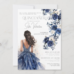 Invitation Quinceañera Marine Royal Blue Floral Gown Princess