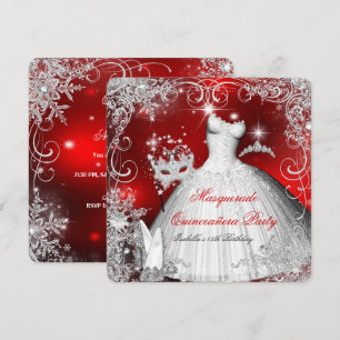 Invitation Quinceañera Mascarade Flocons de Neige Rouges Blan