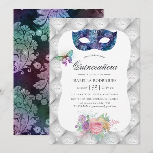 Invitation Quinceañera Mascarade Iridescente (Devant / Derrière)