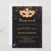 Invitation Quinceanera mascarade noir violet parties scintill (Devant)