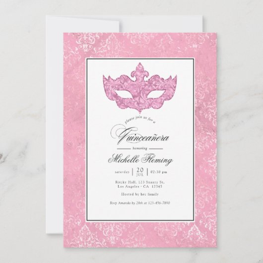 Invitation Quinceañera Mascarade Rose (Devant)
