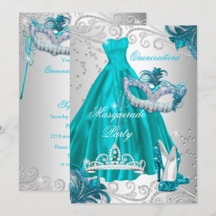 Invitation Quinceanera Masque Sarcelle Robe Argentée Mascarad