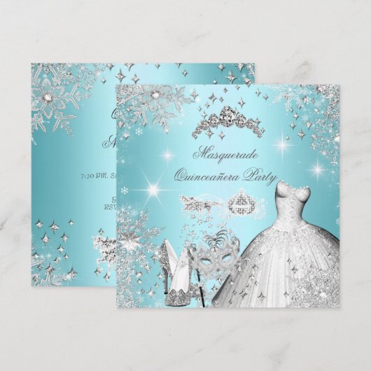 Invitation Quinceanera Masquerade Magie Princesse Bleu Turquo (Devant / Derrière)