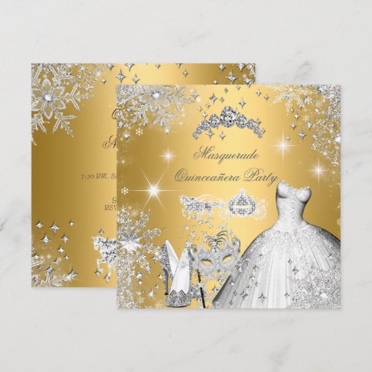 Invitation Quinceanera Masquerade Magique Princesse Or (Devant / Derrière)