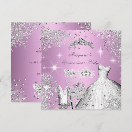 Invitation Quinceanera Masquerade Magique Princesse rose (Devant / Derrière)