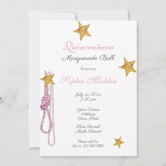 Invitation Quinceanera Masquerade Parties scintillant or Perl (Dos)