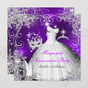 Invitation Quinceanera Masquerade Purple Flécaux blancs 2