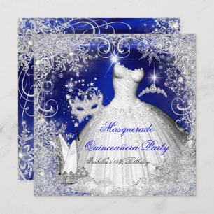 Invitation Quinceanera Masquerade Royal Bleu Blanc Snowflakes
