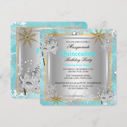 Invitation Quinceanera Masquerade Turquoise Flakes de neige e (Devant / Derrière)