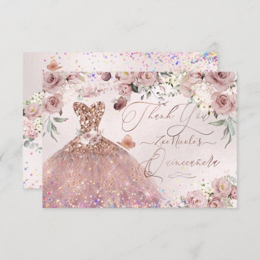 Invitation Quinceanera Merci Dusty Rose Parties scintillant c (Devant / Derrière)
