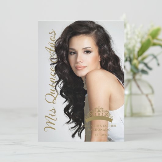 Invitation Quinceañera Mini Photo Fancy Script Calligraphie (Debout devant)