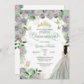 Invitation Quinceanera Mint Green Roses Élégant Papillon (Devant / Derrière)